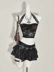 SHEIN ICON Top de camisola con cuello de halter y encaje ajustado y corto, estilo sexy para salir de las mujeres - Negro - Ver 5