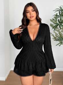 SHEIN Clasi 大码女式纯色灯笼袖深 V 领连体裤 - 黑色 - 查看 2