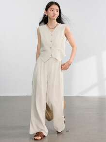 Dazy-Less 2 Pieces Set Minimalist Business Style Suit For Women Old Money Style Linen - Beige - View 7