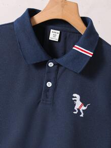 SHEIN 2 件/套大童恐龙卡通印花休闲 T 恤和运动短裤套装 - 藏蓝色 - 查看 3