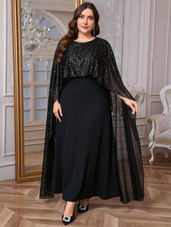 SHEIN Privé Women's Elegant Romantic Fashion Commute Sexy Style Dress, Suitable For Party, Vacation, Back To School, Romantic Date, Wedding And Birthday, Shiny Cape Bodycon Maxi Black Dress