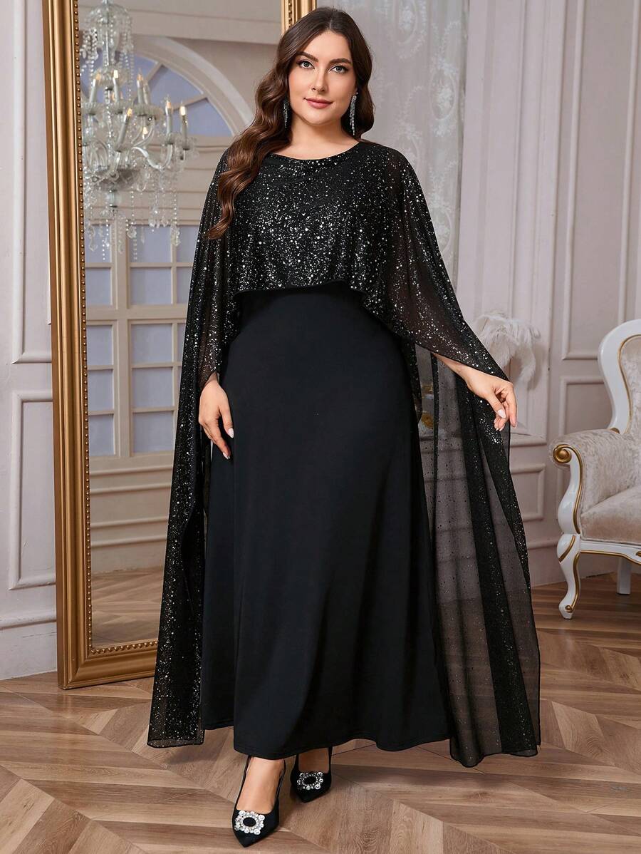 SHEIN Privé 女士优雅浪漫时尚通勤性感风格连衣裙，适合派对、度假、返校、浪漫约会、婚礼和生日，闪亮斗篷紧身长款黑色连衣裙 - 黑色 - 查看 1