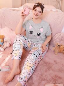 Slumberry CURVE Cute Cat Print Round Neck Short Sleeve Loose Fit Pajama Set For Plus Size - Multicolor - View 4