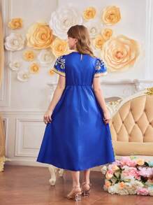 Tween Girl Traditional Arabic Clothing Sleeveless Holiday Dress, Gold Pattern Retro Print, Spring/Summer - Blue - View 5