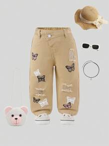 SHEIN 女婴不对称弹性腰部修身蝴蝶印花浅色直筒牛仔裤 - 卡其色 - 查看 3