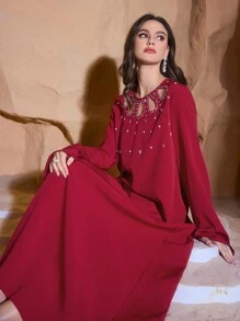 Al Najma 女士宽松镂空串珠直筒长袖优雅连衣裙 - 紅色 - 查看 5