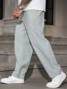 Manfinity Homme 男式条纹前系带口袋休闲直筒裤 - 白色 - 查看 4