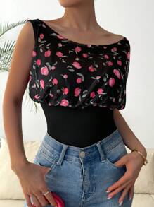 Chiquease Women's Contrast Bouquet Pattern Off Shoulder Slim Fit T-Shirt - Multicolor - View 5