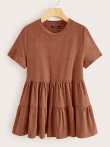 SHEIN LUNE Plus Size Women's Solid Color Round Neck Short Sleeve Ruffled Hem T-Shirt