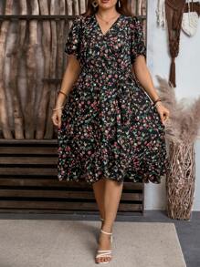 EMERY ROSE 大码女式碎花荷叶边袖度假连衣裙