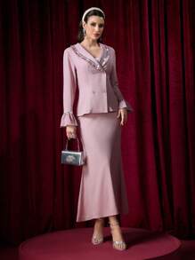 Modelyn 女士两件套：喇叭袖拼接缎面亮片丝带外套和A字裙 - 粉色 - 查看 7