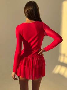 Aloruh Vestido de moda de manga larga con cuello en V y dobladillo con volantes de un solo color para mujer