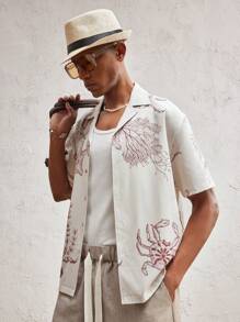 AKNOTIC Party Men's Woven Loose Batwing Pattern Graphic Tee, Suitable For Summer - Khaki - View 1
