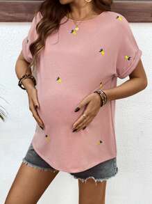 SHEIN 孕妇圆领短袖刺绣休闲上衣 - 粉色 - 查看 4