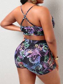 SHEIN Slayr CURVE Summer Plus Size Women 2pcs Bikini Set, Butterfly Print Halter Backless Criss-Cross Wide Strap Bikini Top And Ruched Waist Bottom With Pocket