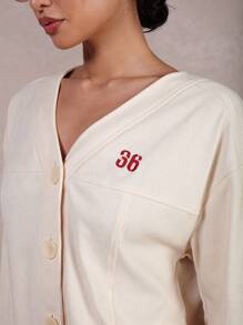 COSMINA 2pcs/Set Women Number Graphic Long Sleeve Button-Up Top And Mini Skirt - Beige - View 7