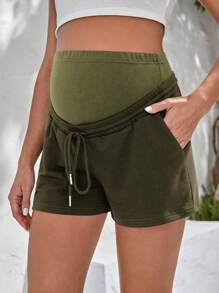 SHEIN 孕妇抽绳腰袋休闲百搭短裤 - 軍綠色 - 查看 4