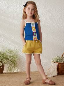 SHEIN Young Girl Spring/Summer French Elegant Woven Lace Trim Shorts - Yellow - View 4