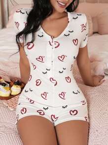 Women's Lashes & Heart Print Single-Breasted Short Sleeve Jumpsuit Pajamas - White - View 1