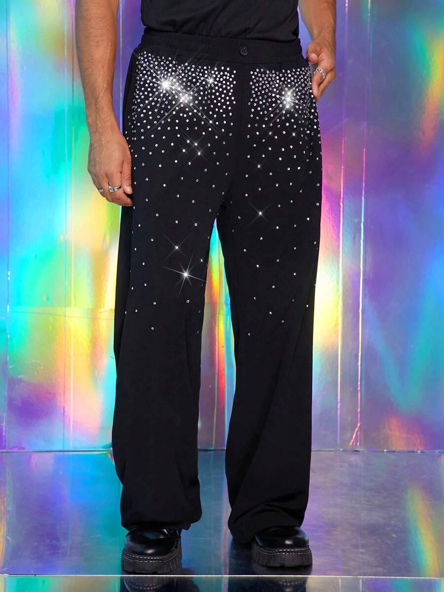 FeverCity Men's Rhinestone Embellished Loose Woven Long Suit Pants - Black - View 1