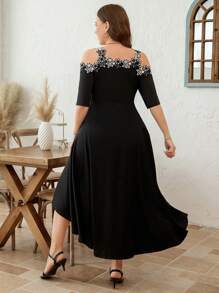 SHEIN Clasi Curved Plus Size Women's Black Elegant Collar With Black And White Lace A-Line Long Dress,Going Out Outfits,Maxi Dresses For Women,Off The Shoulder Dress,Elegant Dress For Wedding,Spring/Summer Dresses For Women,Vacation Outfits Woman,Easter Dress Women,Wedding Guest Dress Women,Dresses For Women Elegant,Graduation Dress,Graduation Dresses For Women