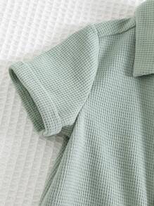 Cozy Pixies Baby Boy Simple Solid Knit Soft Casual Lapel Button-Front Long Sleeve Romper With Pants, Versatile For Summer