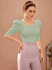 Modelyn T-shirt femme à col carré et manches bouffantes, rouge bourgogne