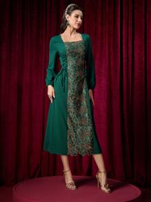 Modelyn 女士方领束腰拼布花卉中长连衣裙 - 綠色 - 查看 7