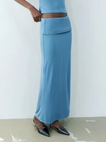 Maija 春夏新款都市摩登蓝色针织镂空装饰女裙日常休闲性感优雅通勤适合节日派对圣诞节新年情人节老钱风格节90年代女装波西米亚风 - 藍色 - 查看 7