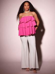 Vixey Solid Poplin Tiered Ruffle Sleeveless Top, Summer, Vacation Outfits, Boho, Island Vacation Outfits - Hot Pink - View 4