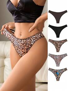 5 Pieces Set Of Women's Low Waist Solid Color Sexy Leopard Print Butterfly Print Thong