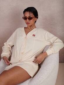 COSMINA 2pcs/Set Women Number Graphic Long Sleeve Button-Up Top And Mini Skirt - Beige - View 1