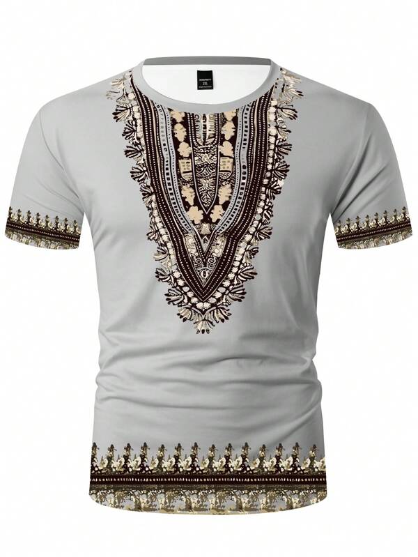 Manfinity AFTRDRK Camiseta casual de manga corta con cuello redondo y estampado geométrico para hombres de talla grande