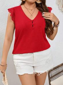 SHEIN Frenchy Plus Size Women's Solid Color Lace Splice Cap Sleeve Summer T-Shirt