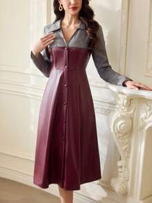 Vintamour 复古优雅女式长袖衬衫领 PU 皮革拼接口袋 A 字裙、休闲与办公装 女士度假装 女士夏季装 女士红色连衣裙 女士连衣裙 优雅长袖连衣裙 商务休闲女士 婚礼宾客连衣裙 女士优雅连衣裙 酒红色连衣裙 女士服装 女士长裙 红色连衣裙 优雅巡航装 女士办公室服装 女士工作服