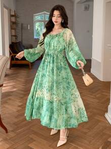DAZY Tie-Up Lantern Sleeve Floral Printed Mid-Length Dress For Women