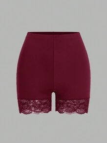 SHEIN Essnce 2 件女式加大码蕾丝拼布短款紧身裤 - 酒紅色 - 查看 4