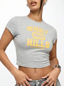 SUMWON WOMEN Áo crop top trẻ em phong cách đường phố cổ điển Beverly Hills 90210 Y2K Fashion Los Angeles County Áo thun ngắn tay mùa hè thường ngày - Xám - Xem 5