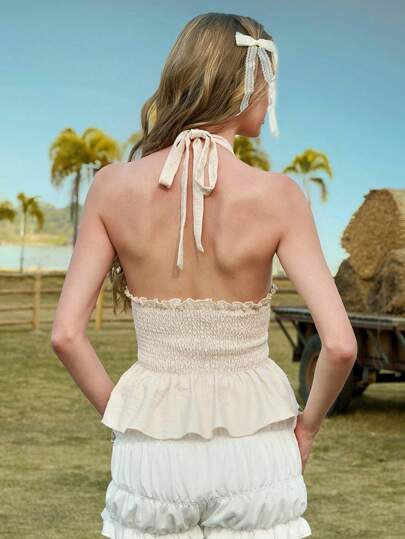 Kawaii Minimalist Sexy Bow Decor Vintage Style Casual Shirred Ruffled Hem Cinched Waist Babydoll Halter Top For Women