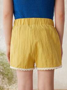 SHEIN Young Girl Spring/Summer French Elegant Woven Lace Trim Shorts - Yellow - View 2