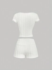SHEIN MOD Women's Creamy Vacation Two Pieces Set:Short Sleeve Simple Top And Shorts,Casual,Valentine's Day,Spring,Summer,Fairycore,Tea Party Outfit,Brunch Outfits For Women,2000s Style,Tropical Vacation Woman Clothes,Cruise,Beach Vacation Outfits,Western Clothes For Women,Women Sets,Vacation Two Pieces Set