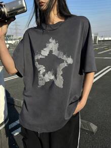 DAZY Women Ink Starry Print Round Neck Drop Shoulder T-Shirt Graphic Tee Oversized T-Shirt - Dark Grey - View 4