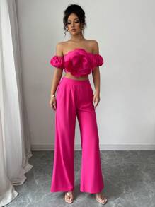 Elenzga 2 件套花卉印花露肩上衣和短裤套装，优雅浪漫女士夏日假期 - 玫紅色 - 查看 4