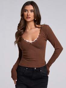 SHEIN BAE Vrouwen lente en zomer Franse kant V-hals, bruin gebreide top met lange mouwen, geschikt voor dagelijks woon-werkverkeer, kantoorkleding, kleding in oude geldstijl, - Bruin - Bekijken 3