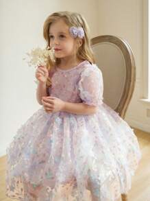 SHEIN 少女新品圆领短袖立体蝴蝶网纱收腰连衣裙适合正式场合穿着舒适时尚优雅甜美可爱如公主裙 - 彩色 - 查看 3