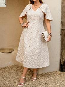 SHEIN LUNE SHEINLUNE Plus Size Tulip Sleeve Cape Arm Flattering Elegant Casual Wedding Guest Party Dress, Valentine, Love/Lover, 3D Rose/Flower Wedding Guest Dress Women Bridal Shower Dress White Club Club Outfits Women Sexy Spring Outfits For Women Summer Outfits For Women Summer Clothes Easter Outfit Women Western Wear Women