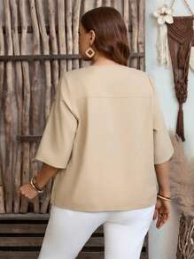 EMERY ROSE Plus Size Solid Color Button Front Short Sleeve Casual Blouse, For Everyday Wear Spring For Women Vacation Country - Apricot - View 2