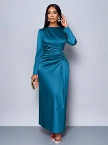 SOLERSUN Đầm ôm body bằng vải satin nhún bèo màu trơn thanh lịch dành cho nữ, thích hợp cho trang phục dự tiệc hẹn hò Maxi dành cho nữ - Màu xanh ngọc - Xem 5