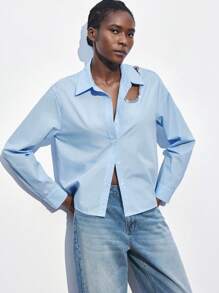 Maija 春夏新款情人节蓝色闪钻镂空现代都市优雅衬衫华丽性感日常休闲浪漫都市度假适合外出聚会婚礼宾客老钱风音乐节90年代女装老钱波西米亚风 - 藍色 - 查看 7