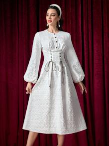 Modelyn Women's Front Button Long Sleeve Belted Elegant Mid-Length Dress - White - View 6